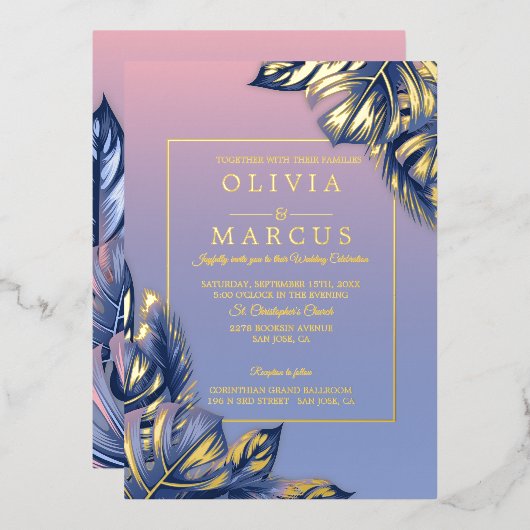 Invitation En Aluminium Mariage | Dusty Rose Dusty Blue Tropical Foliing (Recto/Verso)