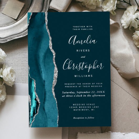 Invitation En Aluminium Mariage écriture Agate argent sarcelle foncé