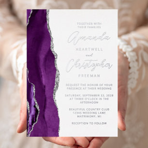 Invitation En Aluminium Mariage écriture argent violet Agate