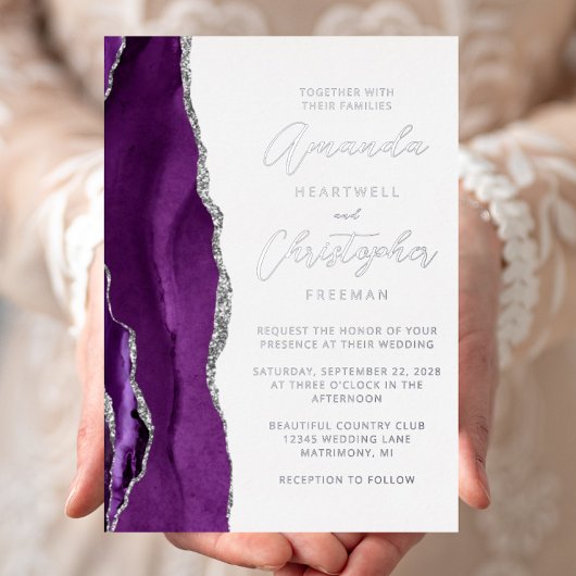 Invitation En Aluminium Mariage écriture argent violet Agate