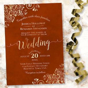 Invitation En Aluminium Mariage élégant à la dentelle dorée sur orange rou