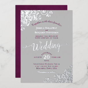 Invitation En Aluminium Mariage Élégant Argent Cassis Violet sur Gris