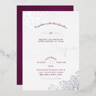 Invitation En Aluminium Mariage Élégant Argent et Magenta sur Fond Blanc