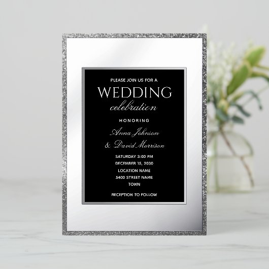 Invitation En Aluminium Mariage élégant argent et noir (Debout devant)