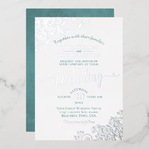 Invitation En Aluminium Mariage Élégant Argent et Sarcelle sur Fond Blanc
