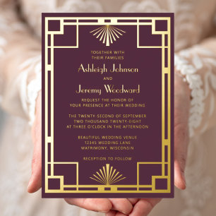 Invitation En Aluminium Mariage élégant Art déco bordeaux or vintage année
