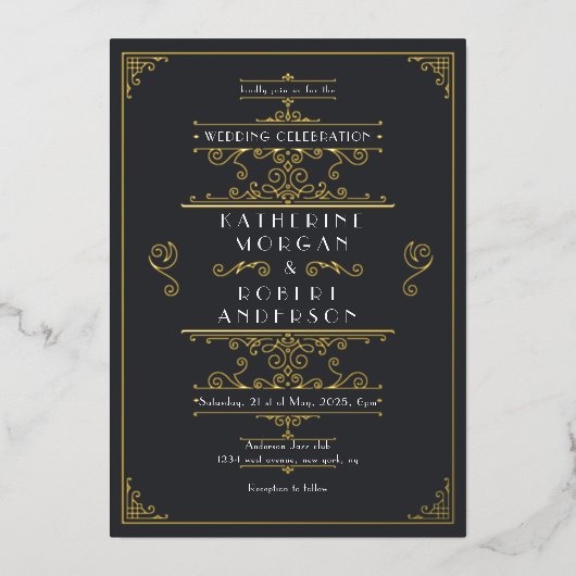 Invitation En Aluminium Mariage élégant Art Déco vintage (Recto)