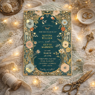 Invitation En Aluminium Mariage Élégant Art Nouveau Floral Bleu Turquoise