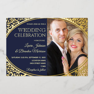Invitation En Aluminium Mariage élégant avec photo en bleu marine et or
