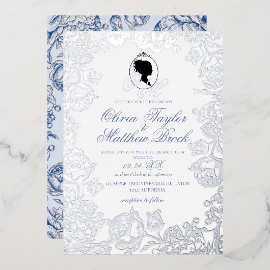 Invitation En Aluminium Mariage élégant, bleu et argent poussiéreux (Recto/Verso)