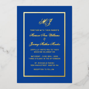 Invitation En Aluminium Mariage élégant bleu royal or calligraphie script