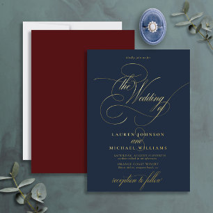 Invitation En Aluminium Mariage élégant calligraphié bleu marine, bordeaux