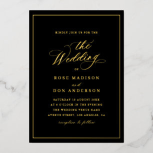Invitation En Aluminium Mariage élégant calligraphié noir et or