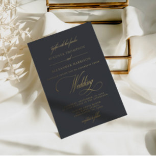 Invitation En Aluminium Mariage Élégant Calligraphie Vintage Gris Navy