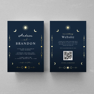 Invitation En Aluminium Mariage élégant céleste or lune & soleil QR Code