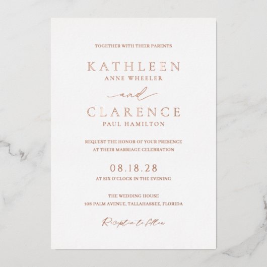 Invitation En Aluminium Mariage Élégant Classique (Recto)
