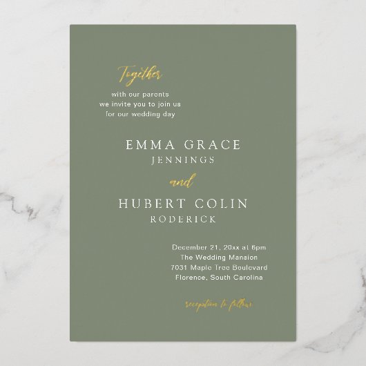 Invitation En Aluminium Mariage élégant classique vert émoussé (Recto)