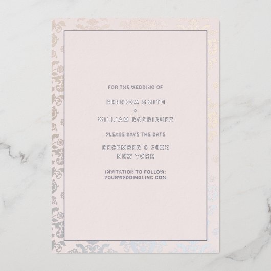 Invitation En Aluminium Mariage Elegant Damask Crème Argent Enregistrer La (Recto)