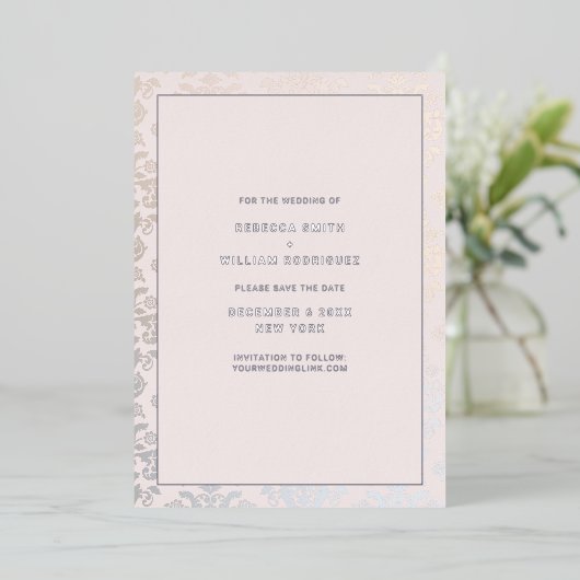 Invitation En Aluminium Mariage Elegant Damask Crème Argent Enregistrer La (Debout devant)