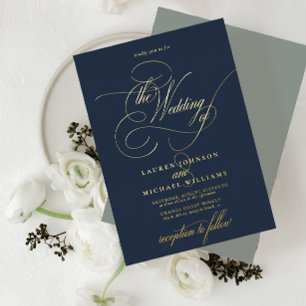 Invitation En Aluminium Mariage élégant de calligraphie moderne bleu de sa