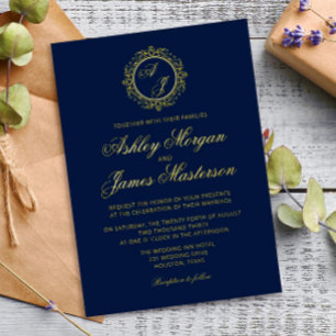 Invitation En Aluminium Mariage élégant de luxe Monogramme Or Bleu Nuit