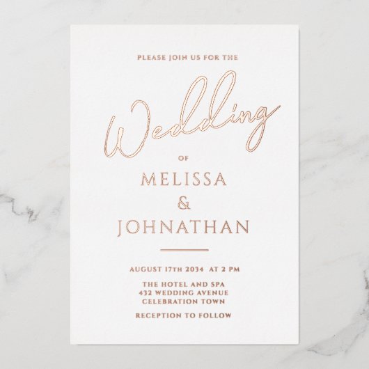 Invitation En Aluminium Mariage élégant écriture minimaliste or rose (Recto)