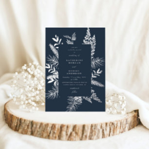 Invitation En Aluminium Mariage Élégant Feuillage d'Hiver Bleu Foncé