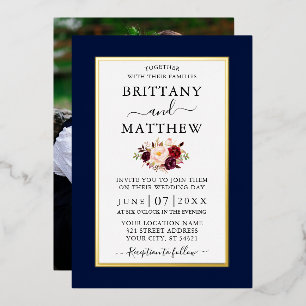 Invitation En Aluminium Mariage Élégant Fleurs Bourguignonnes Photo Or Ble