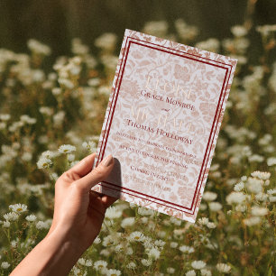 Invitation En Aluminium Mariage élégant floral à la toile monogramme rouge