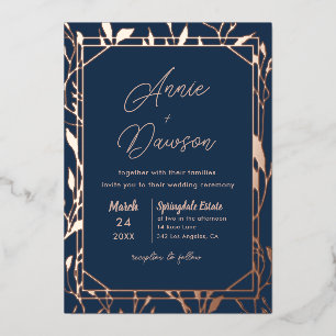 Invitation En Aluminium Mariage Élégant Floral Bleu Nuit & Or Rose