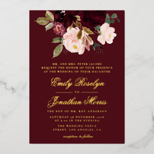 Invitation En Aluminium mariage élégant floral bordeaux et or