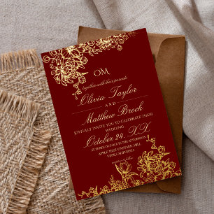Invitation En Aluminium Mariage Élégant Floral de Jardin Rouge & Or Luxueu