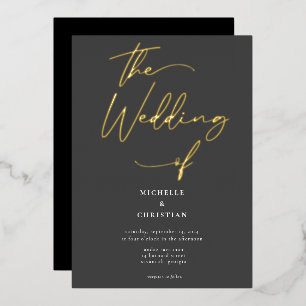 Invitation En Aluminium Mariage élégant gris noir or calligraphie script