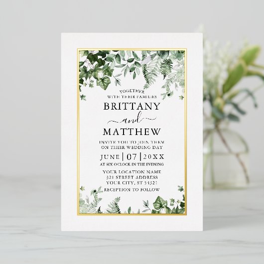 Invitation En Aluminium Mariage Elégant Ivy Sage Vert verdure Photo Or (Debout devant)