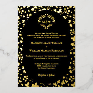 Invitation En Aluminium Mariage élégant luxe monogramme floral noir et or