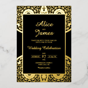 Invitation En Aluminium Mariage élégant mandala noir or feuille seamless