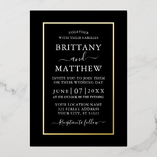 Invitation En Aluminium Mariage élégant moderne Black White Gold Foil (Recto)