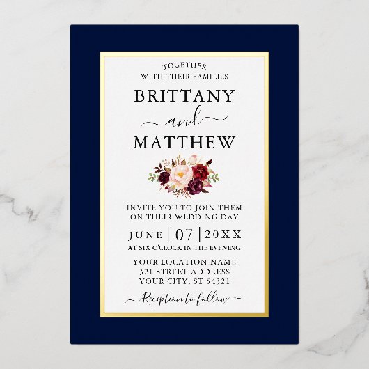 Invitation En Aluminium Mariage élégant moderne Bourgogne Floral Blue Gold (Recto)