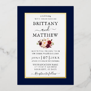 Invitation En Aluminium Mariage Élégant Moderne Bourguignon Floral Bleu Or