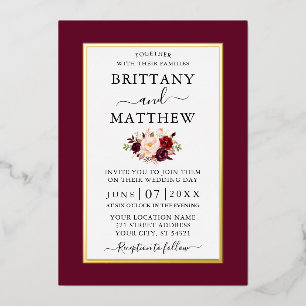 Invitation En Aluminium Mariage Élégant Moderne Burgundy Floral Or