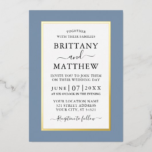 Invitation En Aluminium Mariage élégant moderne Dusty Blue Gold (Recto)