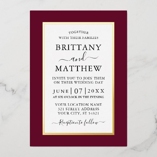 Invitation En Aluminium Mariage élégant moderne Or Bourgogne (Recto)