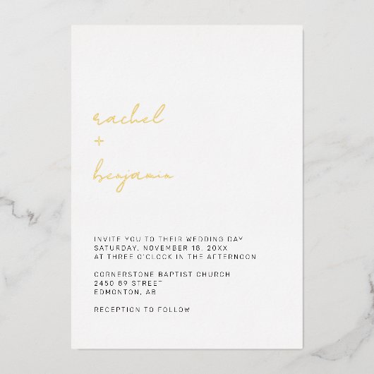 Invitation En Aluminium Mariage Élégant Moderne Script Or Minimal (Devant)