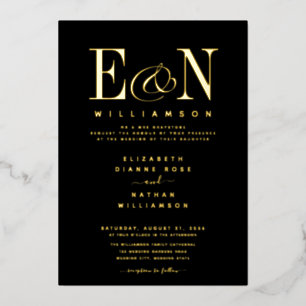Invitation En Aluminium Mariage Élégant Monogramme Noir Or