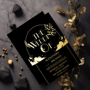 Invitation En Aluminium Mariage Élégant Mystique Noir Nuages Dorés Lune