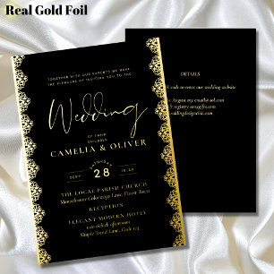 Invitation En Aluminium Mariage Élégant Noir avec Feuille d'Or Broderie Vi