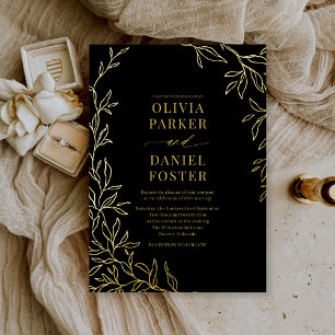 Invitation En Aluminium Mariage Élégant Noir Botanique Or