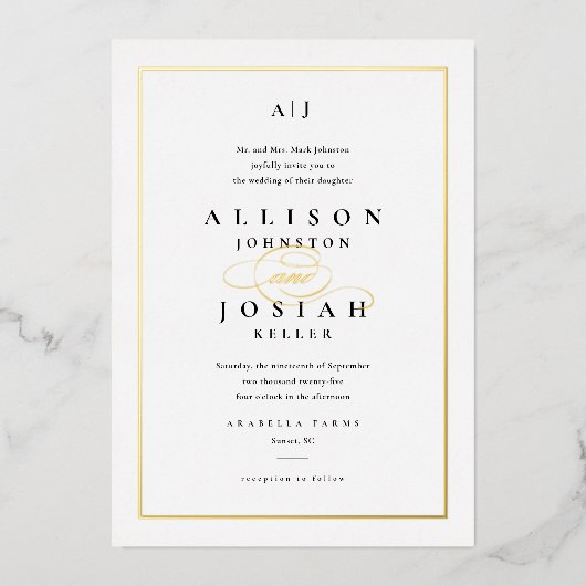 Invitation En Aluminium Mariage Élégant Or Script Classique Blanc (Recto)