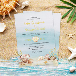 Invitation En Aluminium Mariage Élégant Or sur la Plage Océan