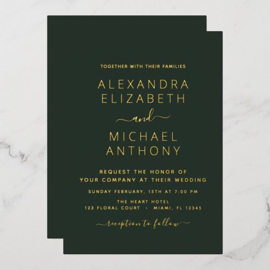 Invitation En Aluminium Mariage Élégant Romantique Emerald Green Gold (Recto/Verso)